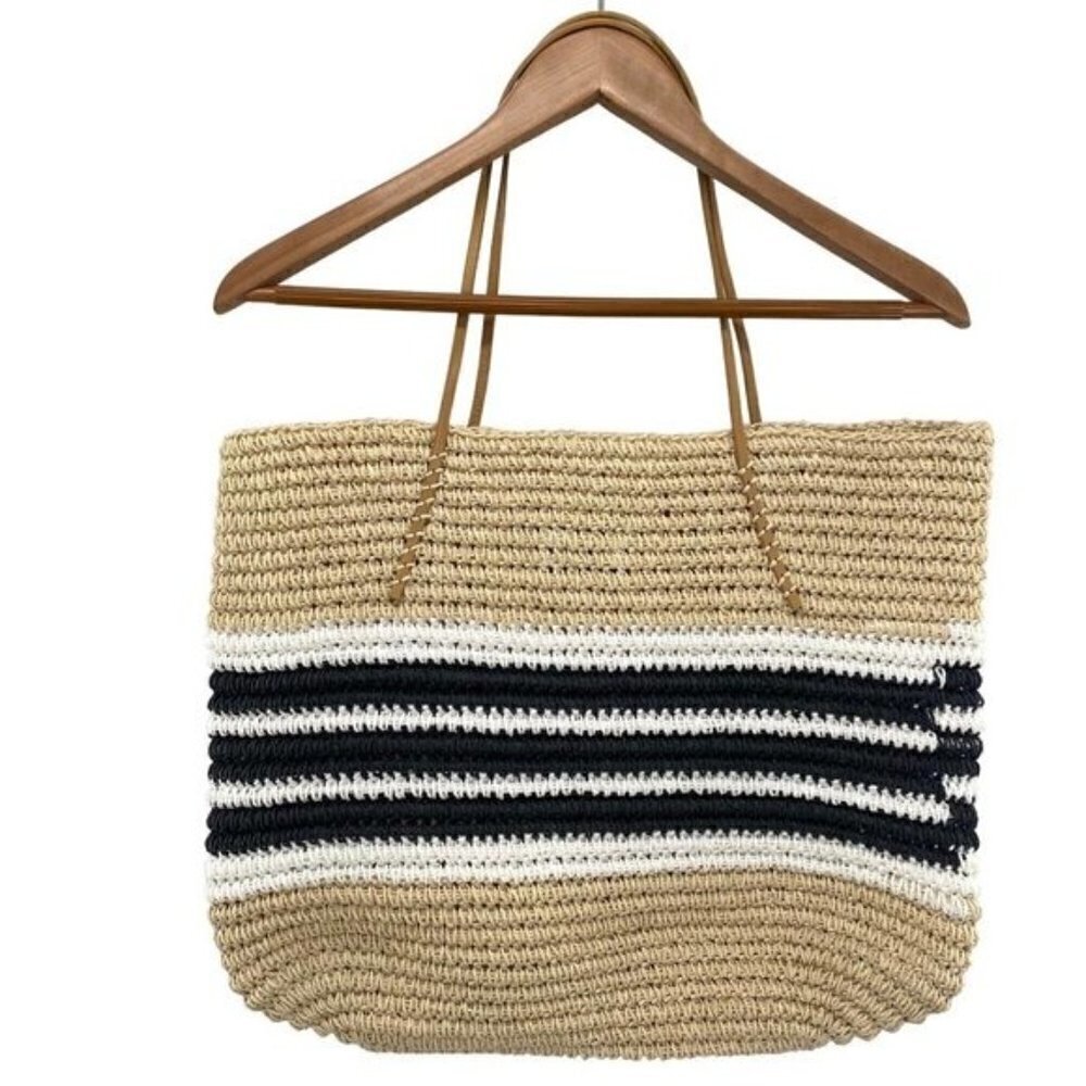 Aqua Trio Striped Straw Woven Tote Bag New - Picture 9 of 13
